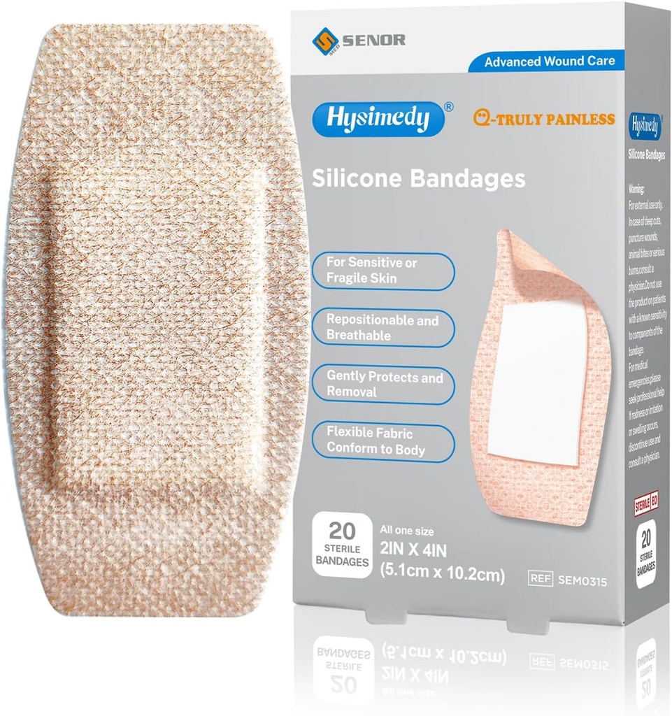 Bandes adhésives en silicone Grandes tailles pour la peau fragile sensible 2"x4" 20 Compte Tissu flexible Latex Sans hypoallergène Breathable XL Bandes pour les plaies allergiques adhésives