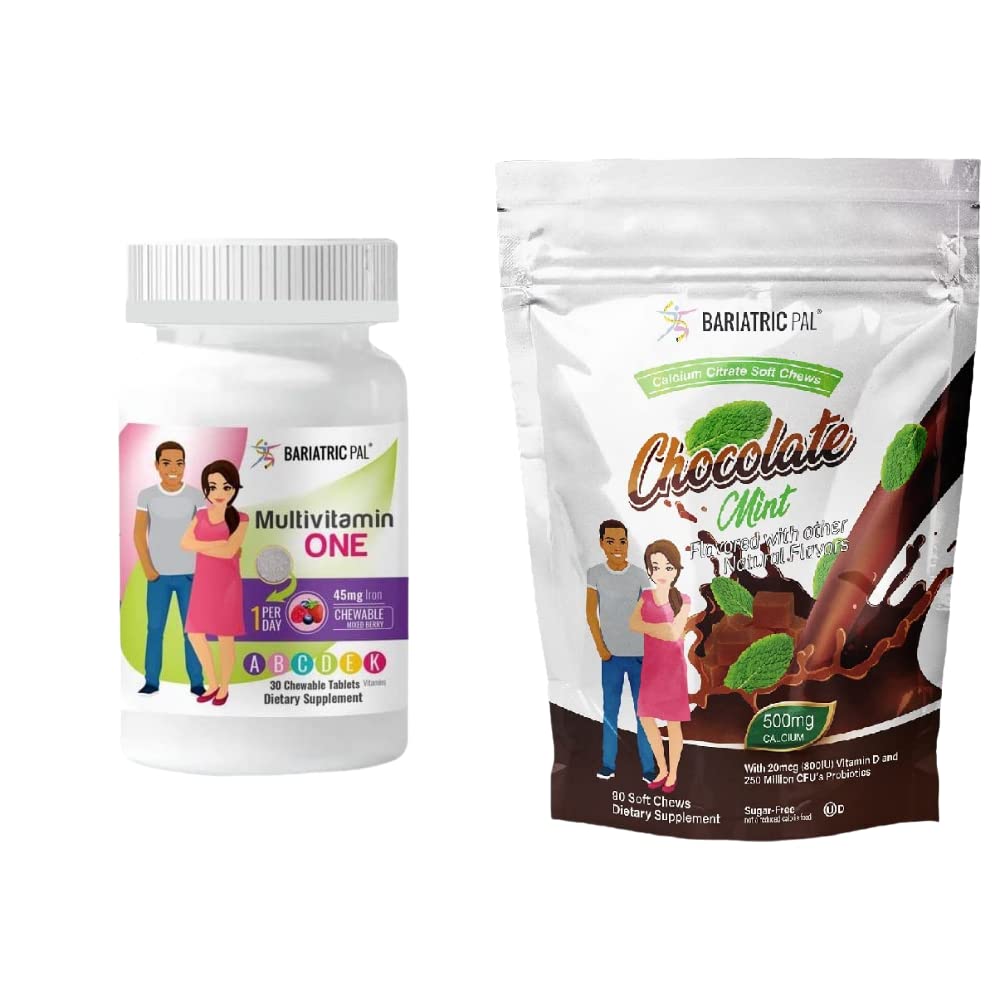 BariatricPal 30 jours Bariatric Vitamine Bundle (Multivamine ONE 1 par jour! Mâcher avec 45mg de fer - Mélange de baies et de citrate de calcium Mâches douces 500mg avec probiotiques - menthe de chocolat)