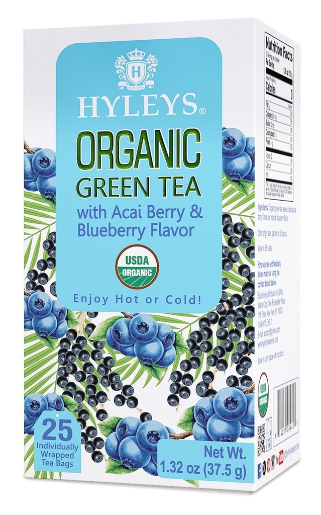 Hyleys Thé vert biologique Açai Berry et Blueberry Saveur - 25 sachets de thé - (6 Pack - 150 sachets de thé Total)