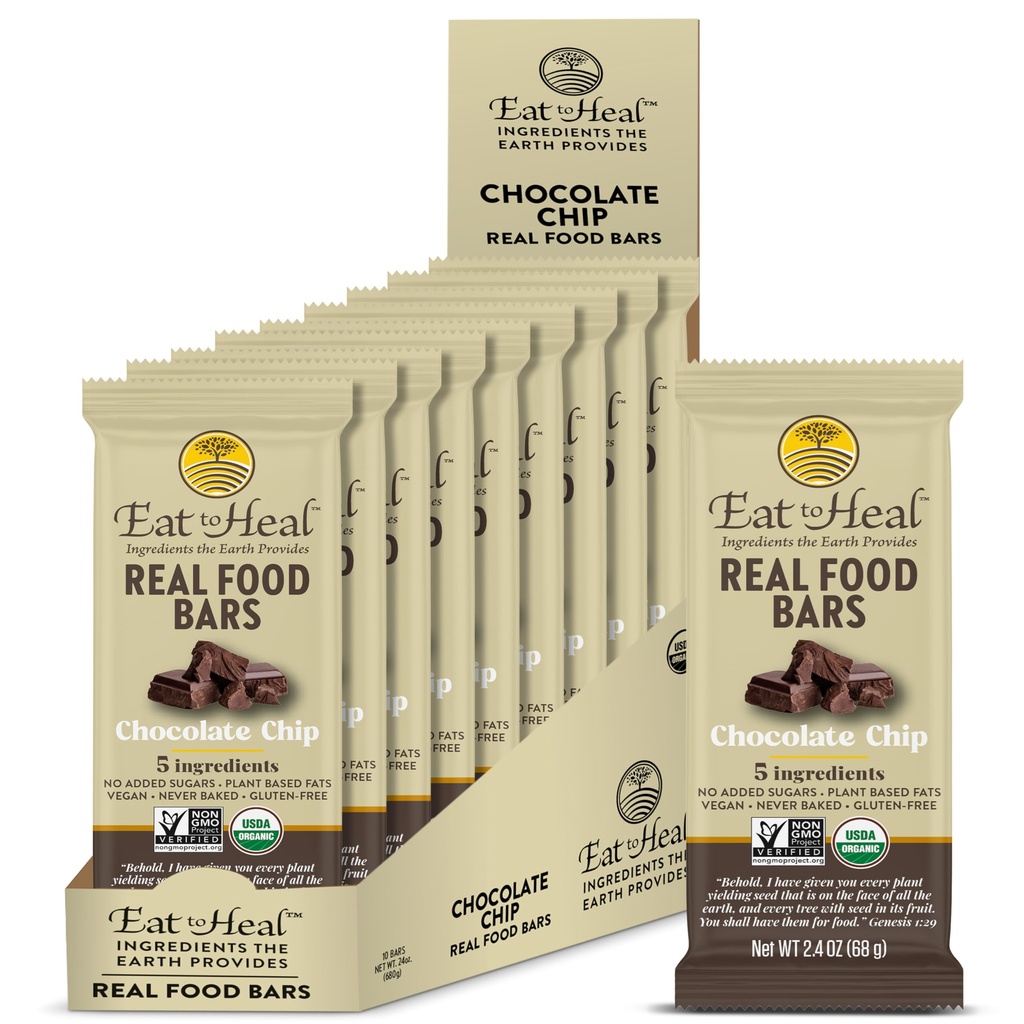 EatToHeal Chocolate Chip Real Food Bar - Organic Vegan Healthy Gluten Free Protein Bars - Low Sugar Meal Replacement Bar, Non GMO, nie gebacken, Plant Based - Gefertigt zu genießen, nicht auf Regalen sitzen