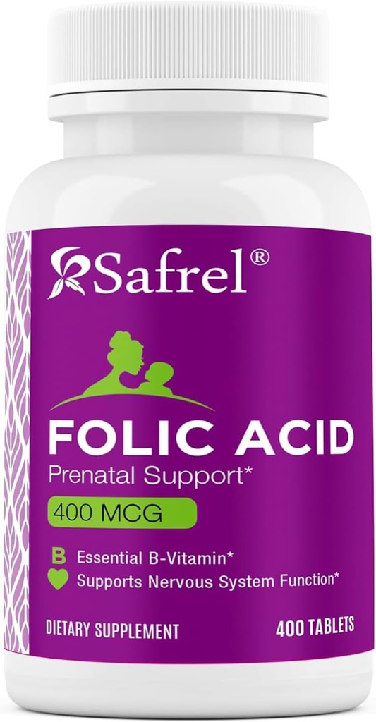 Acido Folico Safrel 400 mcg - Vitamina B9-400 Compresse, Vitamina Prenatale e Postnatale Essenziale per lo Sviluppo Fetale, Produzione di globuli rossi, Sviluppo Cellulare e Neurale | Non OGM, Vegan