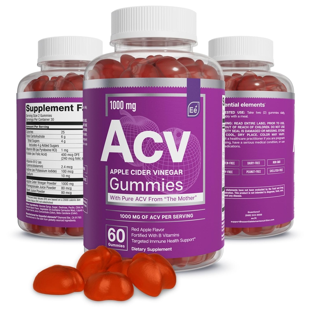 Elementi essenziali del sidro del sidro di mele Gummies dalla madre - 60 conte (3 pacchetto)