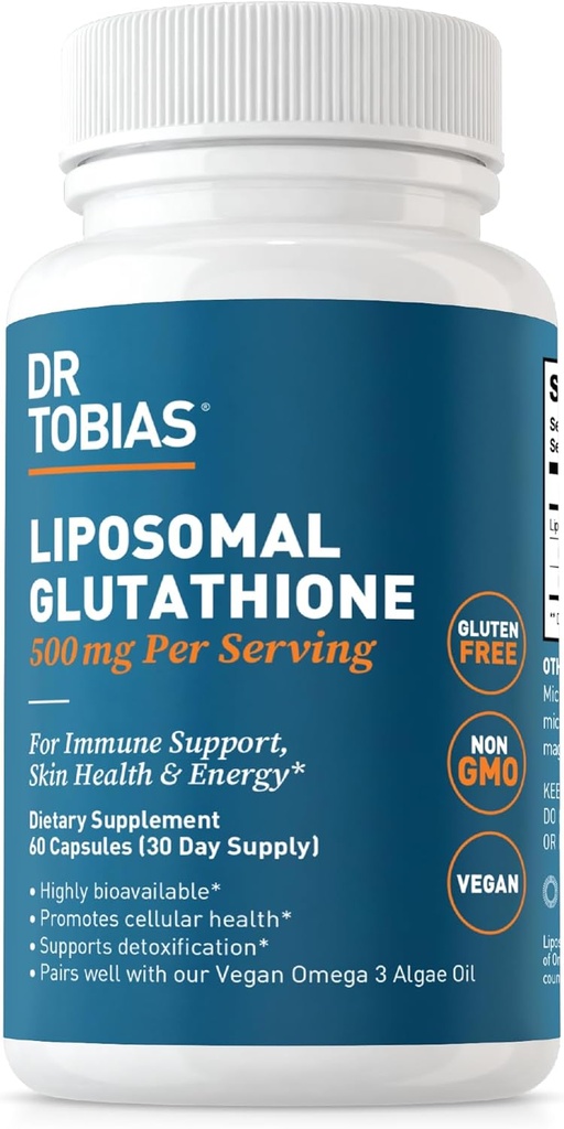 Dr. Tobias Liposomal Glutathione, 500mg Pro Servieren - Hochverfügbare Glutathione-Ergänzung, unterstützt Energie, Haut und Immune Gesundheit - Vegan, Glutenfrei, Non-GMO, 60 Kapseln, 30 Servietten