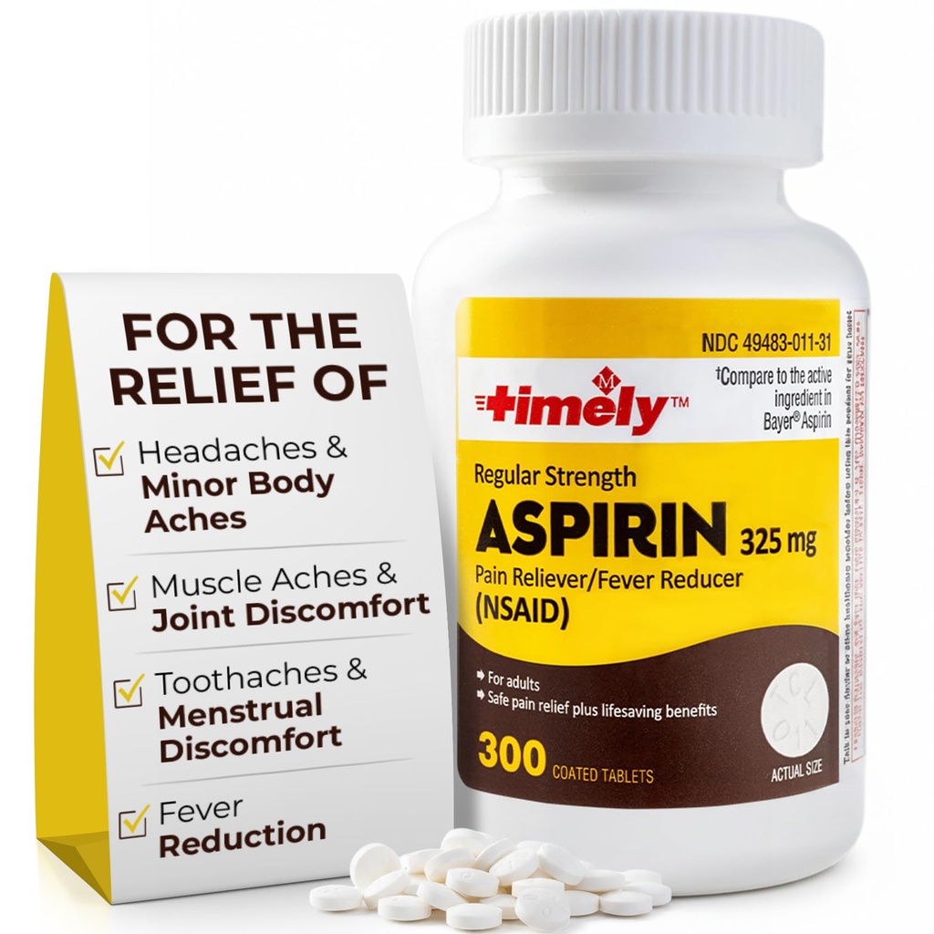 TIME-Cap-Labs 300 Count Regular Strength Aspirin 325mg for Adults - Compared to Bayer - Coated Regular Strength Aspirin Tablets - Pain Reliever for Minor Aches and Pains