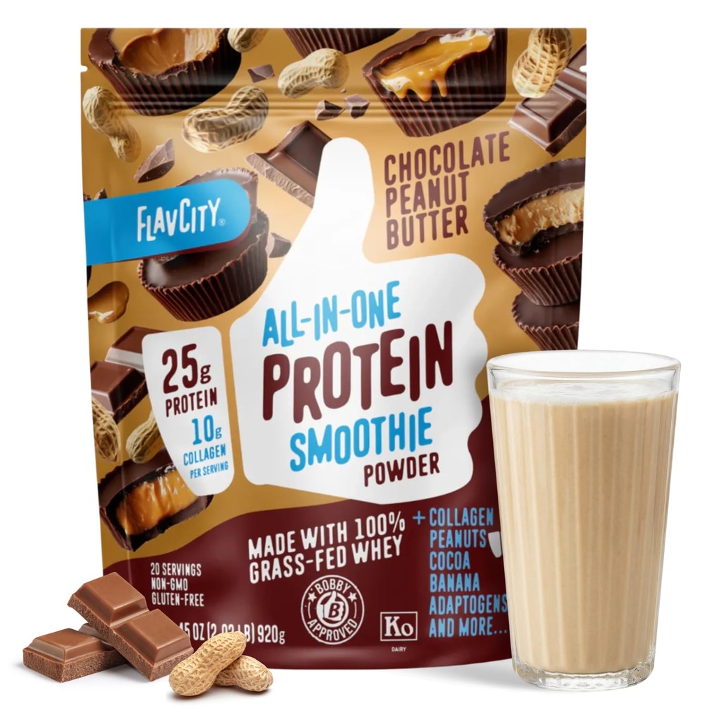 FlavCity Gras Fed Whey Chocolate Protein Powder - Schokolade Erdnussbutter - 25 g Protein & 10 g Kollagen - Hergestellt mit Bio-Kakao & Kokosmilch - glutenfrei & ohne Zuckerzusatz (20 Portionen)