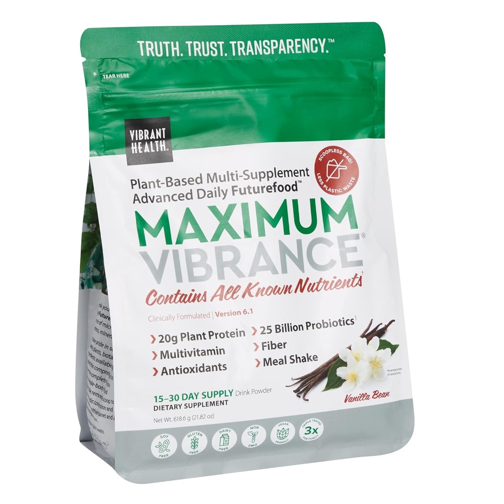 Vibrant Health, Maximum Vibrance, Plant-Based Superfood Supplement with a Multivitamin, Protein and 25 Billion CFU of Probiotics, Vanilla, 15 Serving Pouch