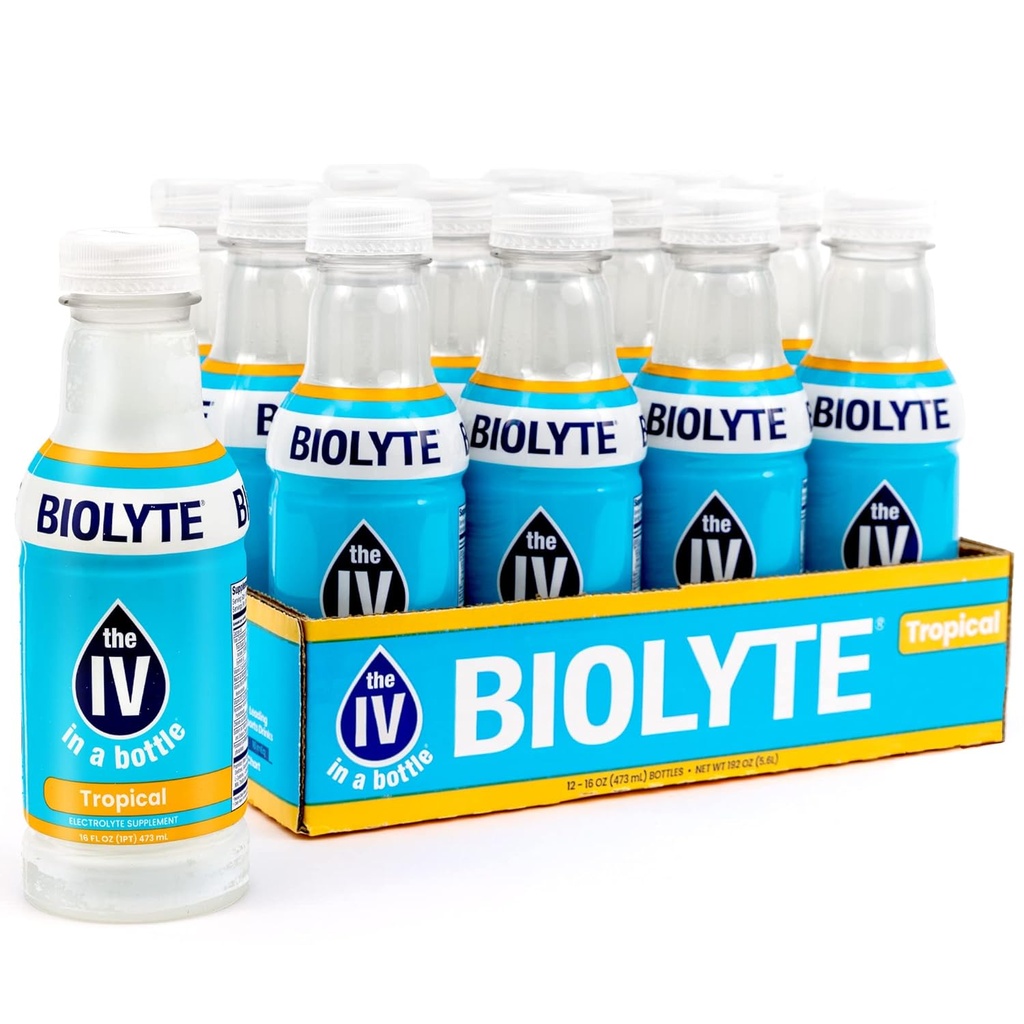 BIOLYTE Elektrolyt-Getränk - IV in einem Flaschenelektrolyt-Getränk für schnelle Hydration - Tropical, 12-Pack
