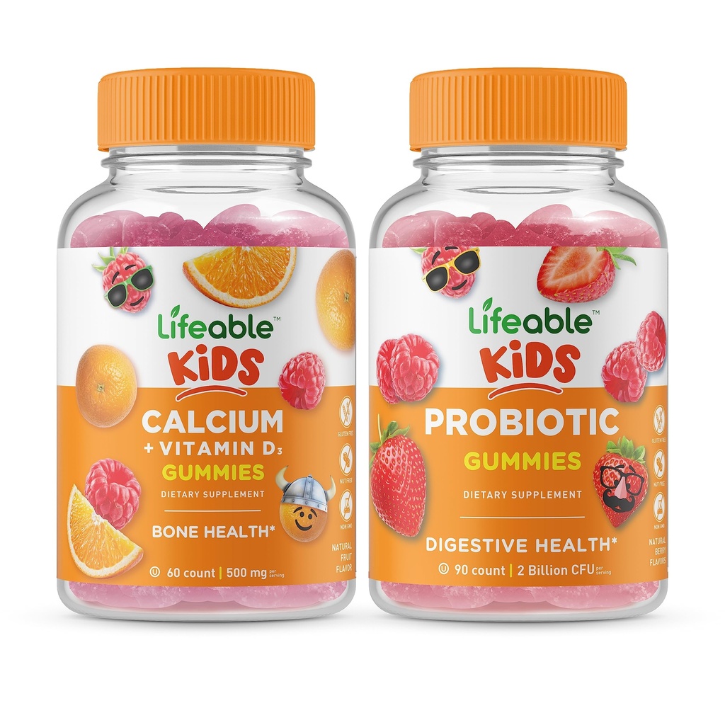 Calcium vivace avec vitamine D Enfants + Probiotique 2 milliards UFC Enfants, Gummies Bundle - Grande dégustation, supplément de vitamine, sans gluten, sans OGM, gummy à croquer