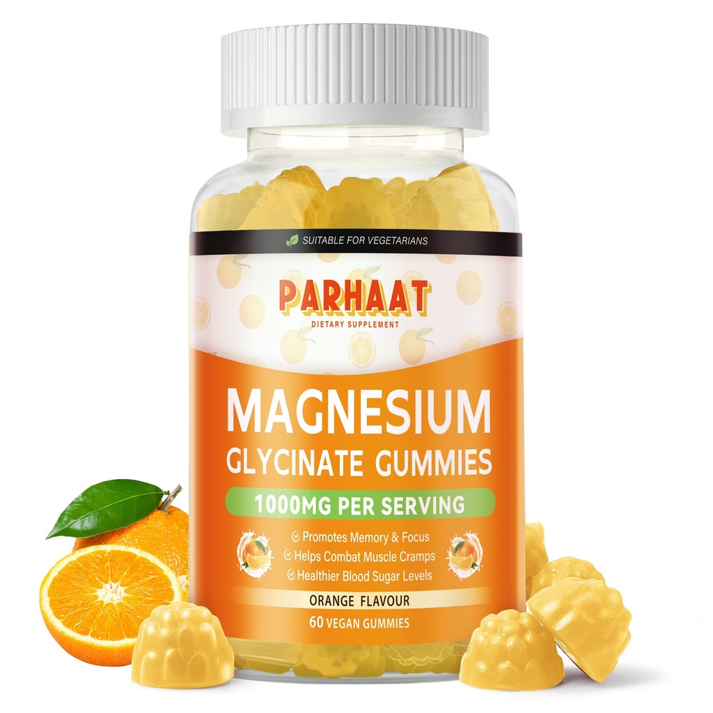 Glycinat de magnésium Gommies 1000mg - Supplément de potassium de magnésium sans sucre avec vitamine D, B6, CoQ10 pour l'humeur calme et le soutien du sommeil - 60 Gommies d'orange