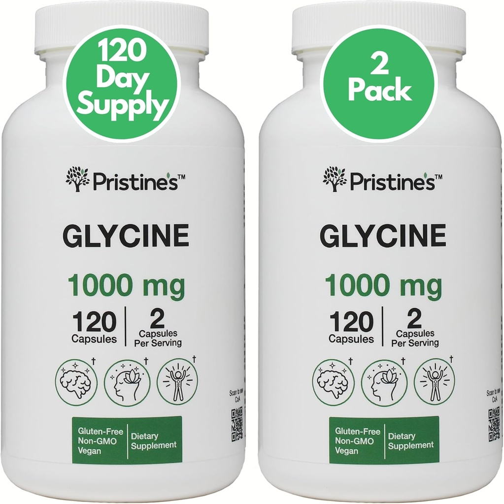Glycine di PRISTINE (2 Pack) 1000MG Aminoacido Sleep Support Supplemento Capsule - 120 giorni di alimentazione - Recupero del muscolo, Collagen & Kidney Support Supplement - Vegan, Non OGM, Gluten Free
