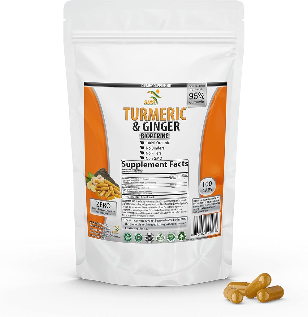 Curcuminoidi erboristici con Ginger, BioPerine Black Pepper, 95% Curcuminoidi, 95% Curcuminoidi Standardizzati & Bioperine per Potency & Absorption, Integratore Tumerico, Made in USA - 100 Capsule Veggie