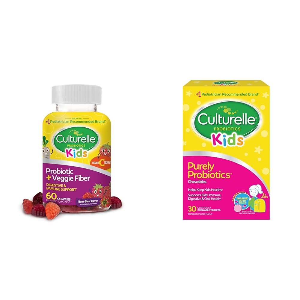 Culturelle Daily Probiotic for Kids + Veggie Fiber Gummies (Ages 3+) - 60 Count & Kids Chewable Daily Probiotic for Kids, Alter 3+, 30 Count