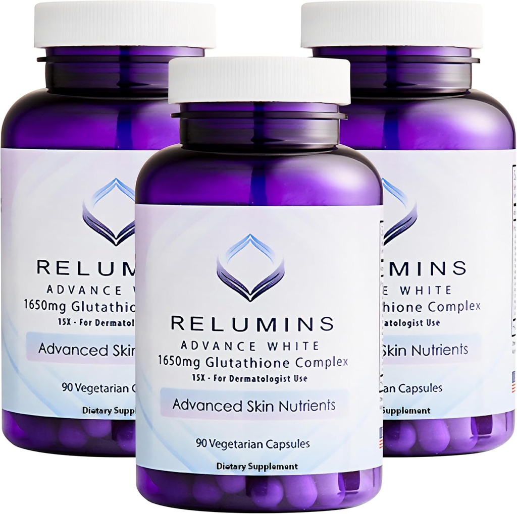 Relumins L-Glutathione Complex 1650mg - Supporto antiossidante con acido lipoico alfa, NAC, L-Metionina, Vitamina E, Skin Health Supplement, Made in USA - 90 capsule vegetariane x 3 bottiglie