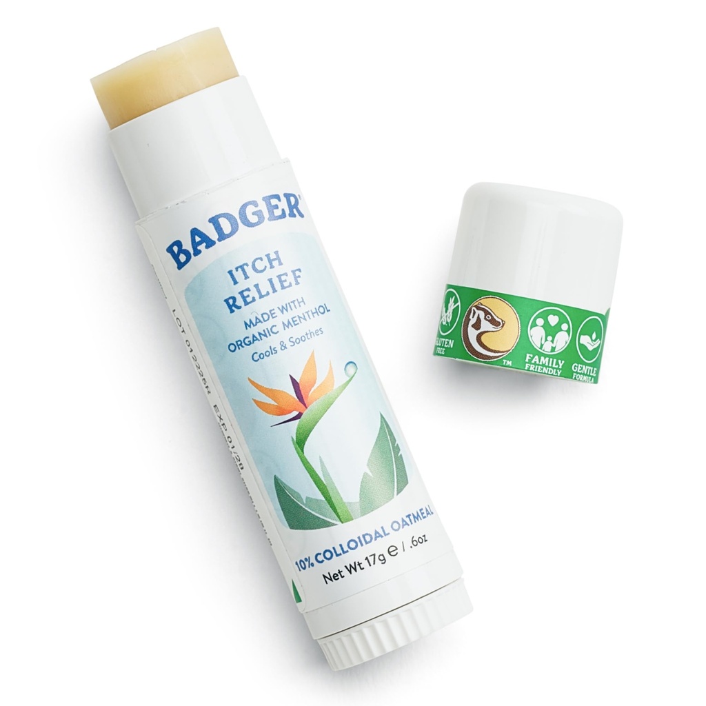 Badger Bug Bite Itch Relief Stick, Natural & Organic Anti Itch Cream per Bug Bites, Rashes & Poison Ivy, Fast Itchy Skin Relief Dopo Bite, Works Great, Smells Great, Facile da usare, .6 oz
