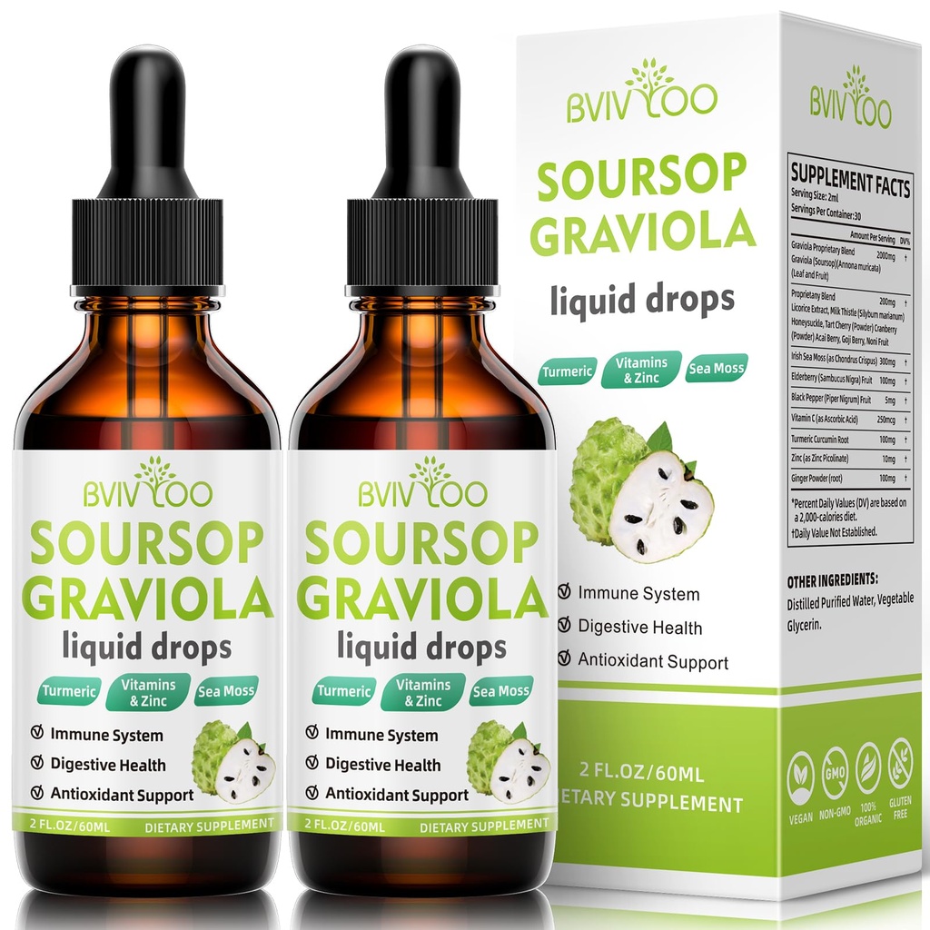 2 Confezione Soursop Graviola Liquid Drops - 2000mg Pure Soursop Extract Blended with 300mg Sea Moss & 100mg Elderberry - Potente supporto cellulare, Antioxidant-Rich, Immune-Boosting - 4 Fl Oz (120ml) Bottiglia