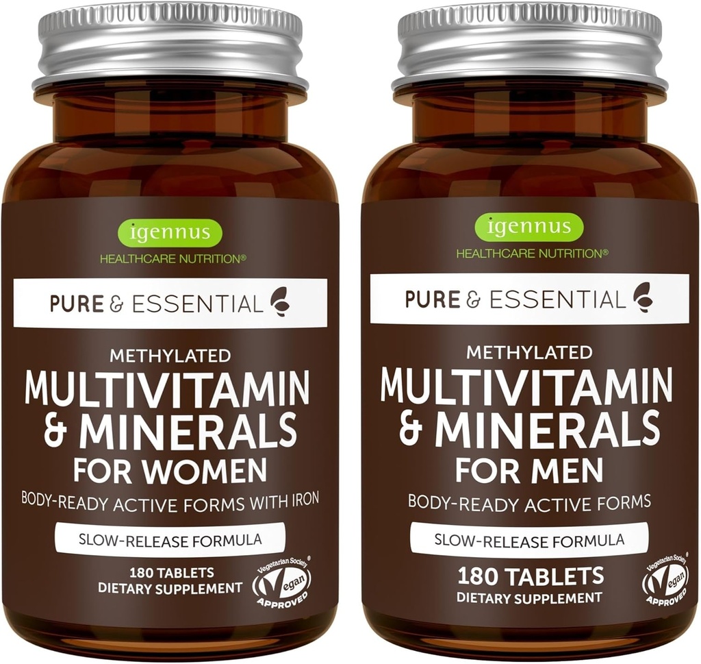 Multivitaminico femminile etilato + Multivitaminico maschile, MTHFR Supplemento con attivo B-Vitamins, Clean Label & Vegan, 180 compresse, di Igennus