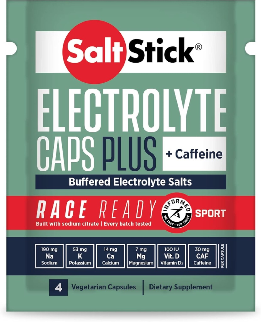 SaltStick Race Ready Elektrolyt Kapseln mit Koffein | 96 Kapseln | Salz Pillen zum Laufen, Hydration, Hilft Reduzieren Muskelkramps | 24 Packungen, 4 Kapseln Jeder