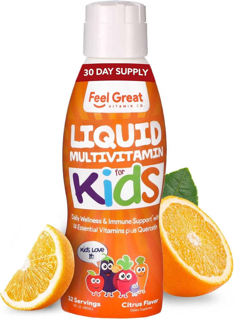 Feel Great Sugar Free Kids Multivitamin – Liquid Multivitamin | Vitamine essenziali per il supporto immunitario | Arancione aromatizzato, Formula vegetariana | Alimentazione di 30 giorni