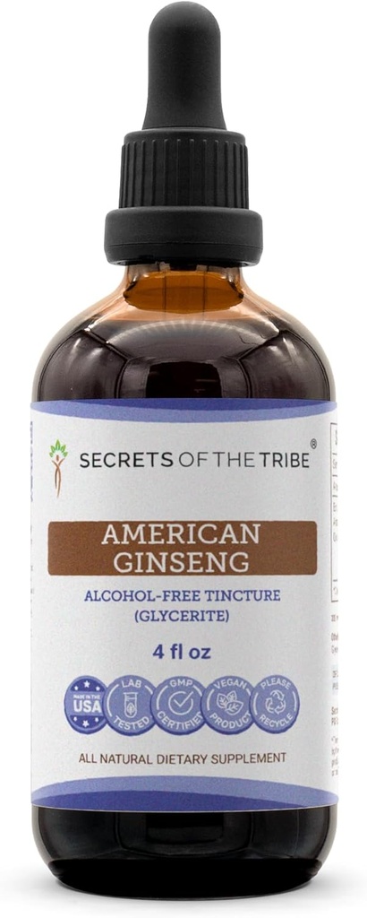 Segreti della Tribe American Ginseng Tincture Alcohol-Free Liquid Extract, Farm Grown American Ginseng (Panax Quinquefolius) Dried Root (4 FL OZ)