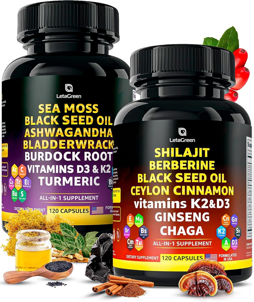 Irish Sea Moss und Himalayan Shilajit Capsules - 120 Wildcrafted Sea Moss Pills mit schwarzem Seed Oil, Burdock Root & Bladderwrack Powder – 120 Fulvic Acid Pure Shilajit Capsules