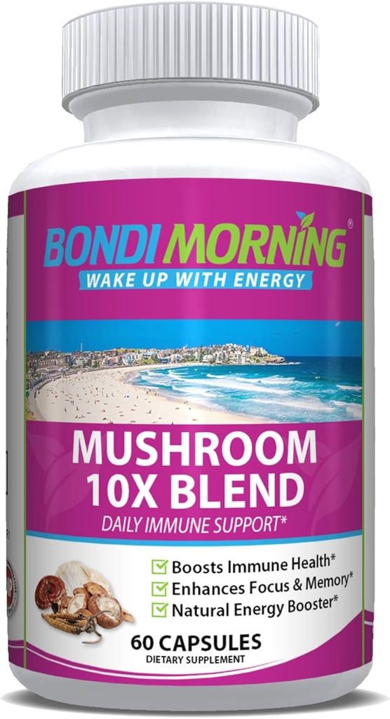 Supplément de soutien immunitaire complexe de champignons – Mélange 10X avec Cordyceps, Reishi, Lion, Lion, et Chaga Champignons pour la santé cérébrale, l'énergie naturelle et la défense immunitaire, 60-Comte