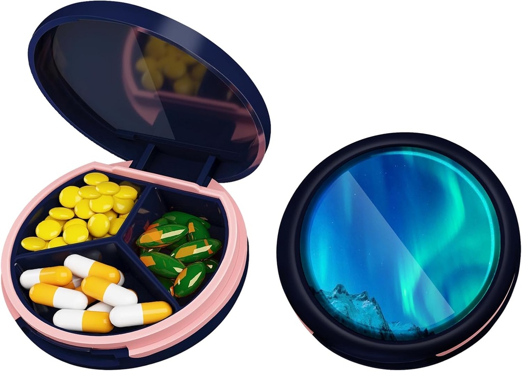 Serfeymi Small Pill Box - 3 scomparti Portatile Pill Box per Purse Pocket, Compact Mini Travel Pill Case - Adatto per Medicina, Vitamina, Fish Oil, Integratori - Blu scuro (Aurora)