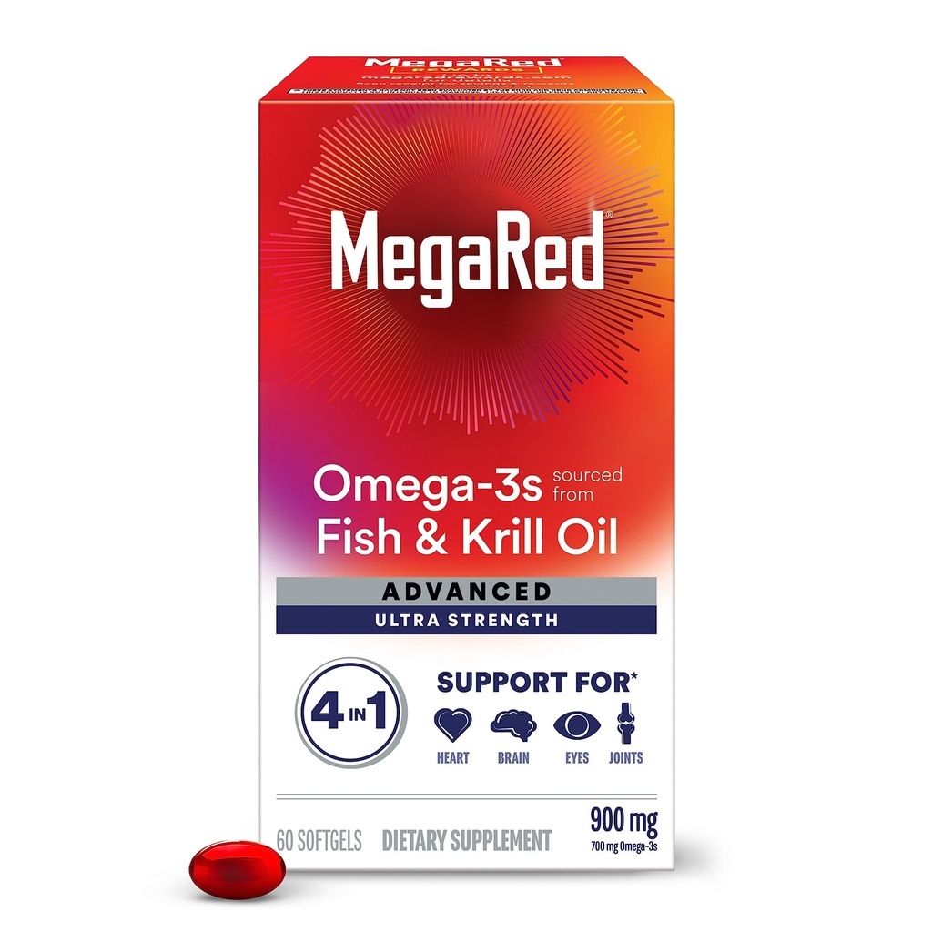 Megared Omega-3 Fish & Krill olio supplemento 900mg - MegaRed Advanced 4in1, 60 softgels, 2x più Omega-3, cuore, giunto, cervello e occhio supplemento, rosso, 60 conte