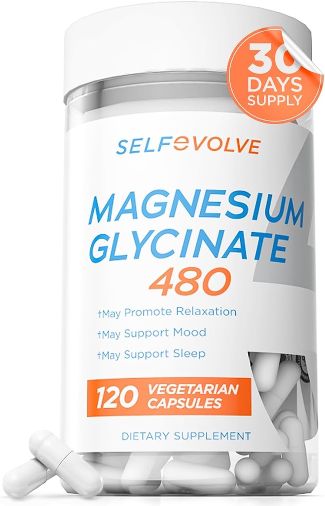 Magnesio Glycinate 480mg - Alto assorbimento Magnesio Supplemento supporto Stress sollievo, sonno, salute del cuore, nervi, muscoli e metabolismo, 120 Veggie capsule, 1 mese di fornitura