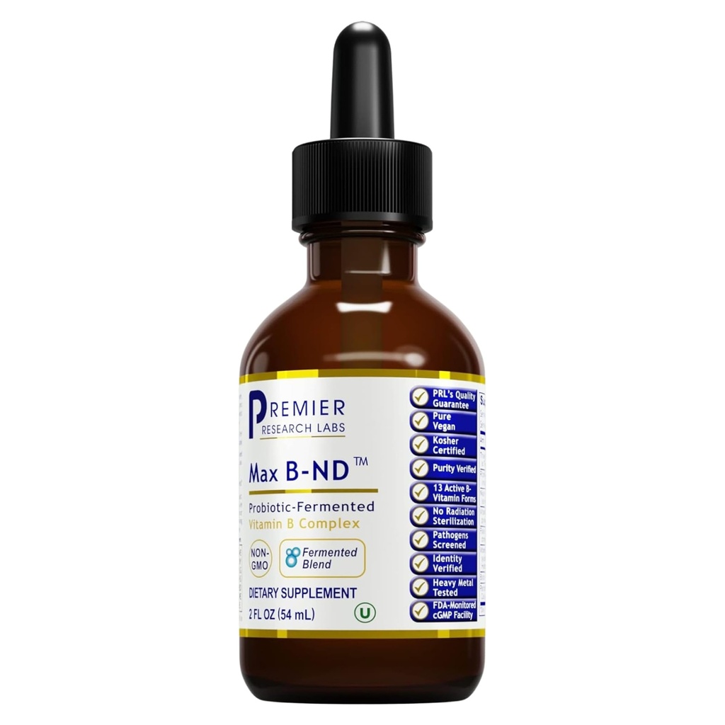 Premier laboratoire de recherche Max B-ND Vitamine liquide - B-complexe pour la santé du foie et du cerveau - gouttes sublinguales pour le soutien énergétique, immunitaire et adrénal - 2 fl oz - Thiamin, B12, B6 et plus - pour les hommes, les femmes