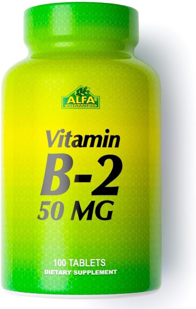 ALFA VITAMINS Vitamina B2 (Riboflavin) 50mg Supplemento, Supporta la produzione di energia, Pelle, Occhi & Salute cognitiva, Non OGM, Gluten Free, Integratore alimentare per la salute quotidiana e benessere 100 compresse