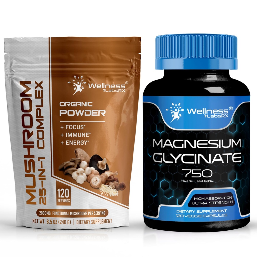 WELLNESS LABSRX Poudre de champignons 2000mg - Capsules de glycinate de magnésium - 750mg