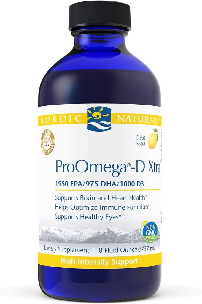 Nordic Naturals ProOmega-D Xtra Liquid, Lemon Flavor - 8 oz - 3400 mg Omega-3 + 1000 IU D3 - High-Potency Fish Oil - EPA & DHA - Gehirn, Auge, Herz und Immune Gesundheit - Non-GMO - 48 Servierungen