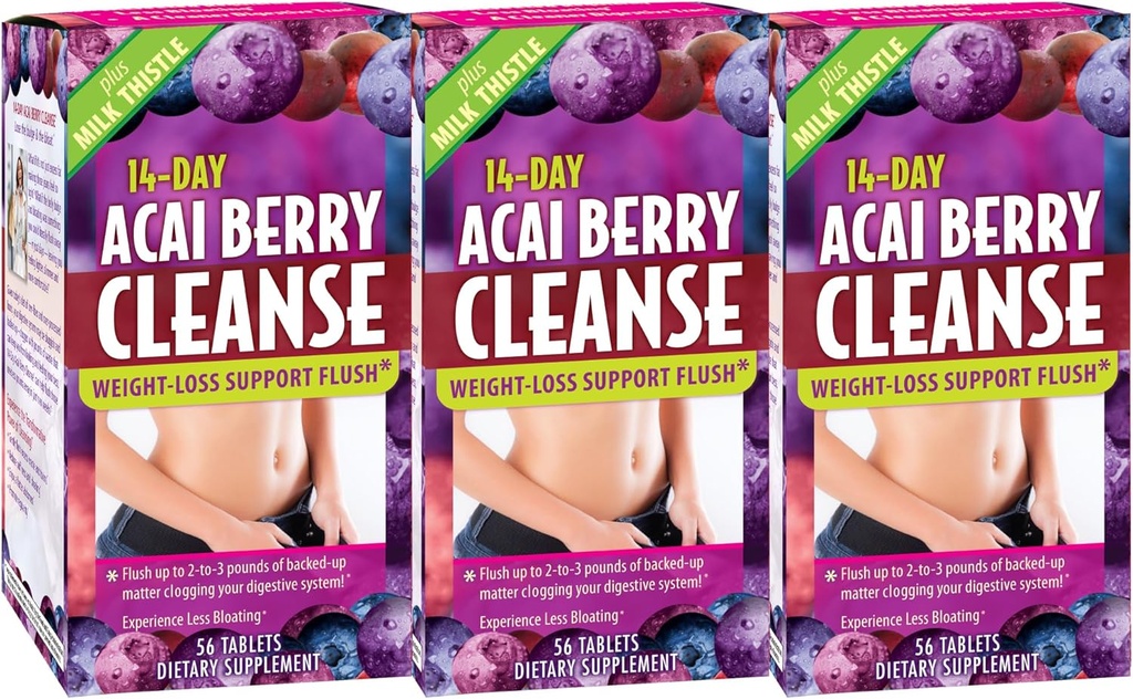 Nutrizione applicata 14-Day Acai Berry Cleanse - 56 compresse, Confezione da 3 - Flush di sostegno di perdita di peso + Thistle di latte - 84 Total Servings