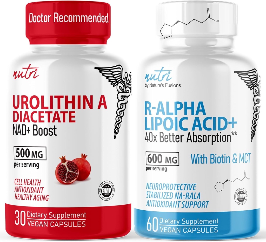 Nature's Fusions Urolithin A Diacetat 500mg & R Alpha Liponsäure 600mg (60 Kapseln) - Antioxidans/Energie Bundle