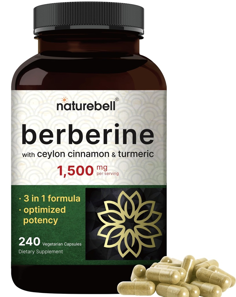 Berberina Supplemento 1500mg con 1000mg Ceylon Cinnamon & 300mg Turmeric, 240 capsule veggie | 97% Pure Berberine HCL | Supports Balanced Sugar Levels & Heart Health | Vegan, Non OGM