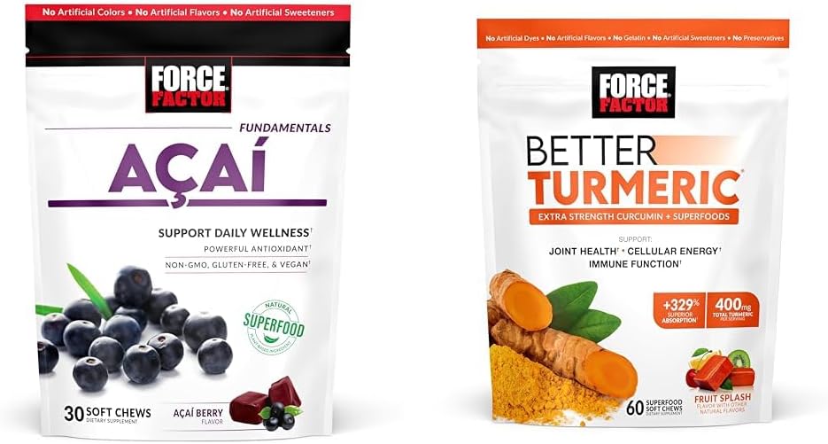 Force Factor Acai Soft Chews for Immune Support and Better Turmeric Joint Support Supplement with HydroCurc Turmeric Curcumin, 30 and 60 Soft Chews