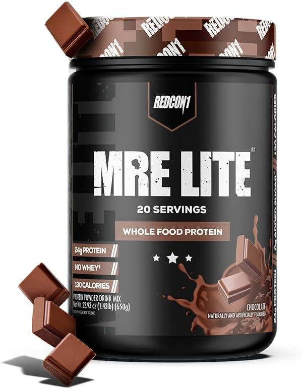 REDCON1 MRE Lite poudre de protéines alimentaires entières, chocolat - faible teneur en glucides et en lactosérum substitut sans repas avec mélanges de protéines animales - supplément facile à digérer fait avec des huiles MCT (20 portions)