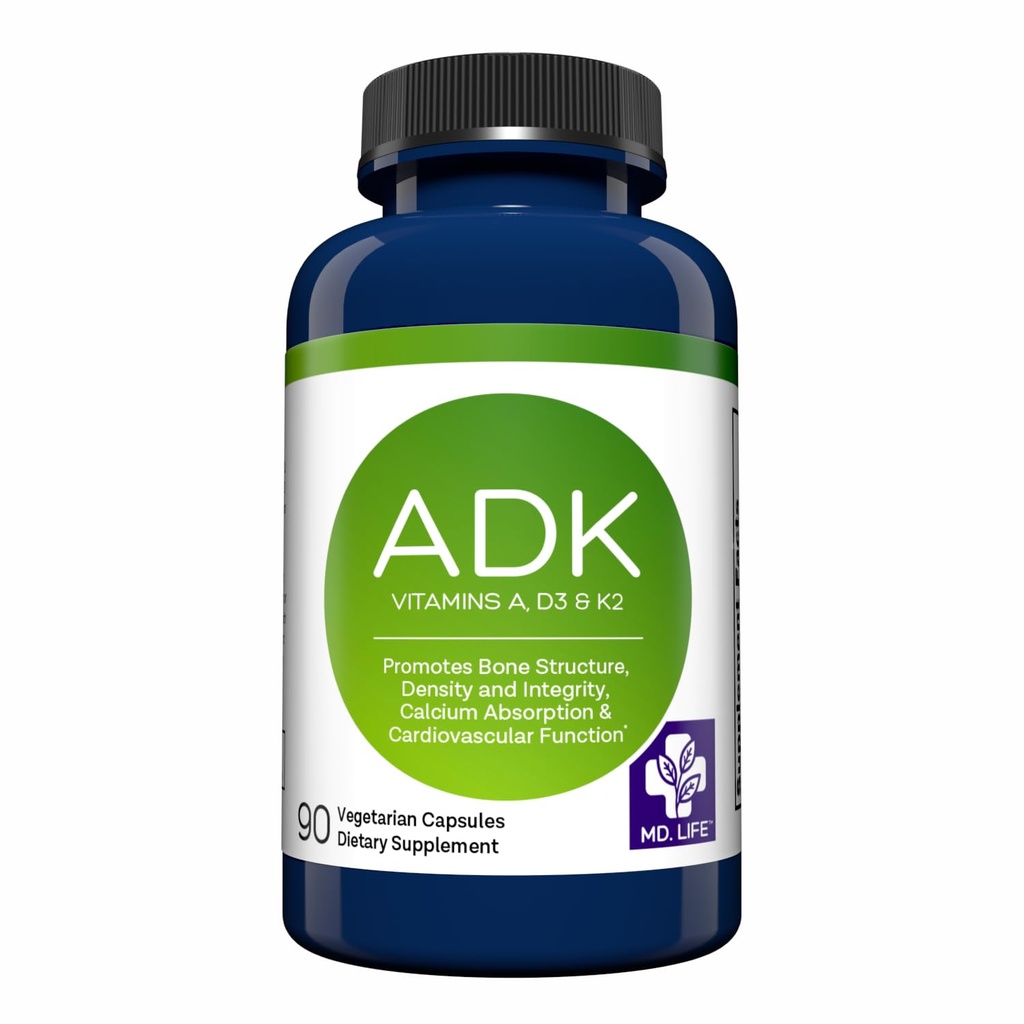 MD.LIFE ADK Vitamin Supplement – Vitamin D3 K2 und ein Komplex – 120 Kapseln – Hohe Potenz Vitamin ADK für Knochen und Herzgesundheitsunterstützung