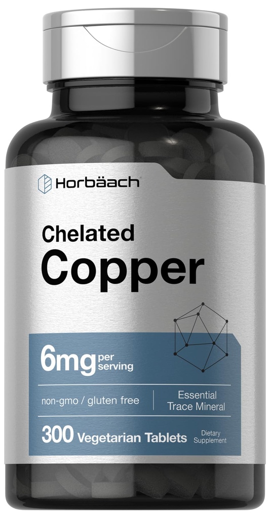 Horbäach Chelated Copper Supplement 6mg | 300 Tabletten | Essential Trace Mineral | Vegetarisch, Nicht-GVO, Glutenfrei