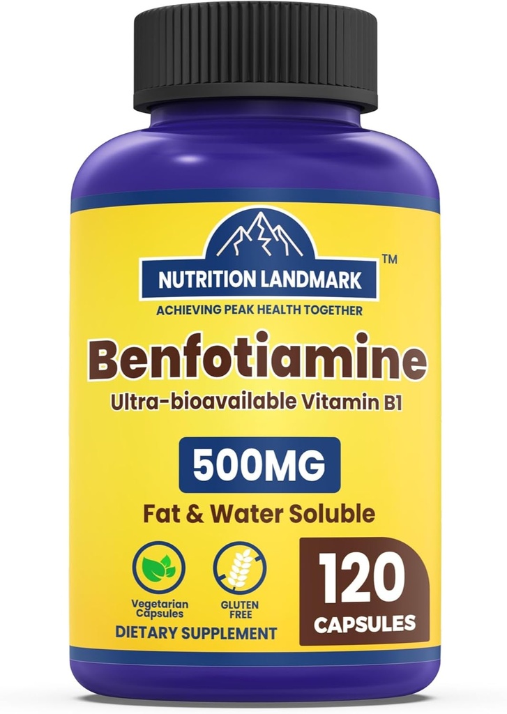 Benfotiamine 500mg par portion, 120 Capsules de Véggie (250mg par capsule) – Supplément de vitamine B1 de graisse soluble Thiamine – 3ème partie testée, végétalienne, non-OGM, sans gluten
