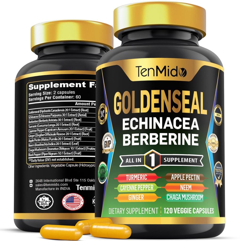 Supplément racine de seigle d'or - Formule 10in1 - Combiner avec Echinacea, Berberine, Turmeric, Cayenne Pepper, Ginger, Apple Pectin, Neem, et plus - Soutien de santé digestif - 120 Capsules