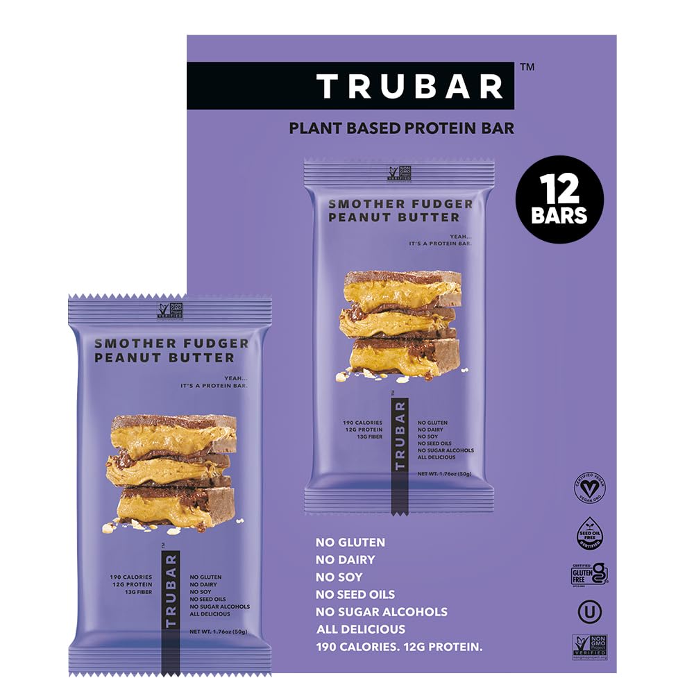 TRUBAR Vegan Protein Bars - Smother Fudger Peanut Butter, Soy Free, Dairy Free, Gluten Free Protein Bars - Keine Zuckeralkohole - Non-GMO - 12g Protein - 12 Count