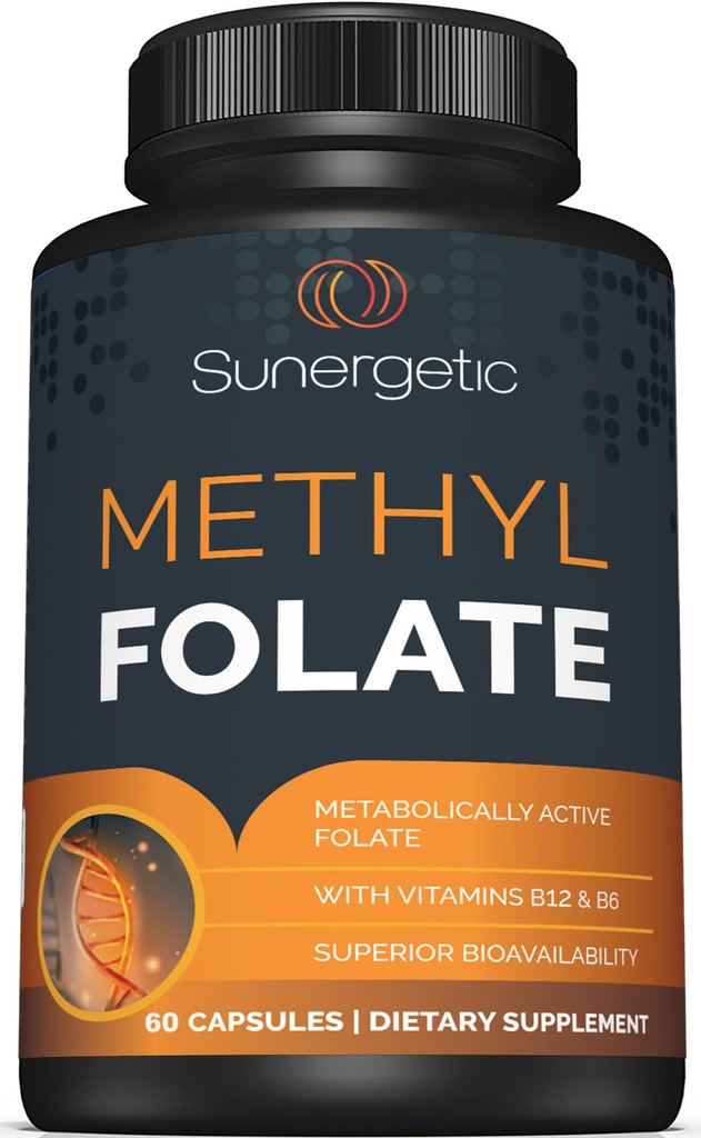 Sunergetic Premium Methyl Folate Supplemento – con vitamina Methylated B12 e vitamina B6 – Metabolically Active Folate come Magnafolate - Methylfolate 400 mcg per capsula – 60 capsule