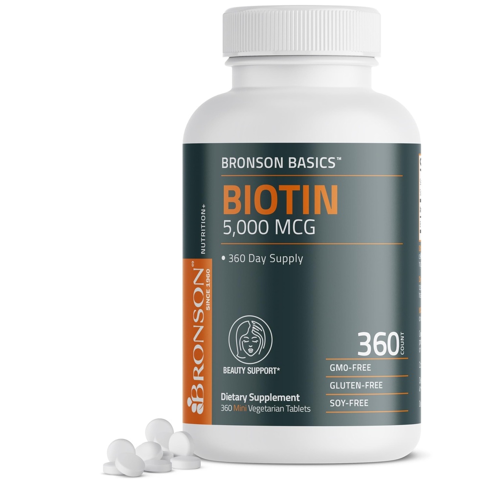 Bronson Biotin 5000 MCG Supporta capelli sani, pelle e produzione di energia - High Potency Beauty Support - Non OGM, 360 compresse vegetariane