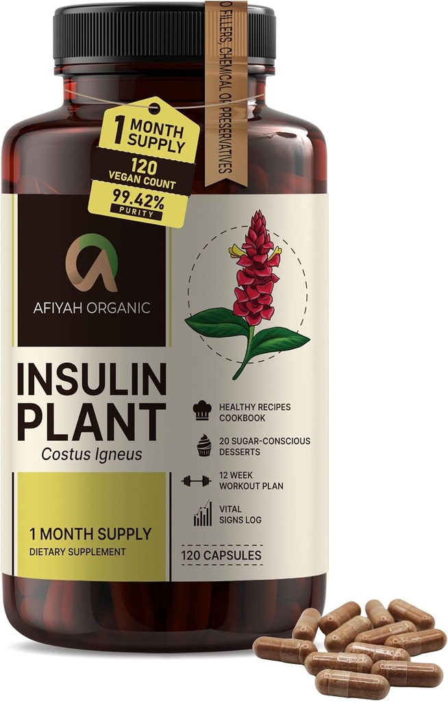 Capsules Costus Igneus (usine d'insuline) de qualité supérieure - Facile à avaler 120 Capsules de légumes (1 mois d'approvisionnement) - Fabriqué aux États-Unis - incluant le programme complet de soutien à la santé