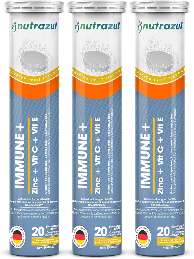 nutrazul Immune+ Effervescent Tabletten | Vitamin C und Zink mit Vitamin E | 60 Tabletten | Immununterstützung für Erwachsene & Kinder | Ideal für Flu Season Protection | Passion Fruit Flavor