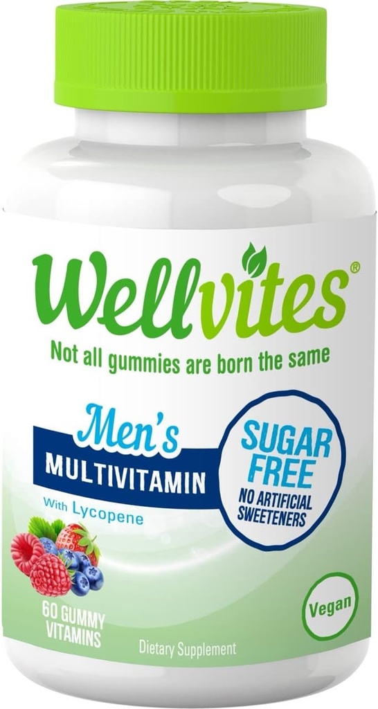 Wellvites Sugar Free Multivitamin Gummies for Men, Vegan e Non OGM - Vitamina A, B6, e B12, Biotin e Folate, Vitamine per gli uomini, Senza Dolcifici Artificiali, Senza Gluten, 60 Conte (30 giorni di alimentazione)