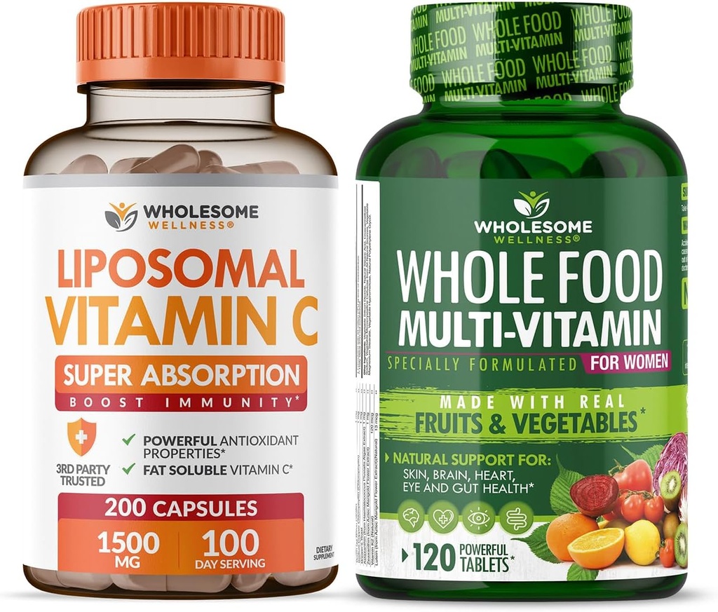 Ganzes Wellness Liposomal Vitamin C Kapseln (200 Tabletten 1500mg Gepuffert) Hohe Absorption VIT C + Ganzes Lebensmittel Multivitamin für Frauen - Natürliche Multi Vitamine, Mineralien, Bio-Extrakte Bundle