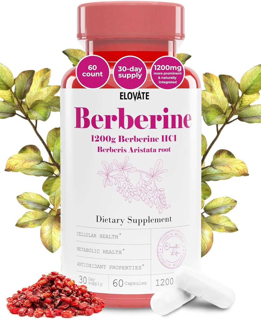 Elovate Berberine HCI Capsule, 1200mg - All-Natural, 3rd-Party-Tested, Non-GMO & Gluten-Free Berberine Supplement per Cuore e Digestione, 60 Conti