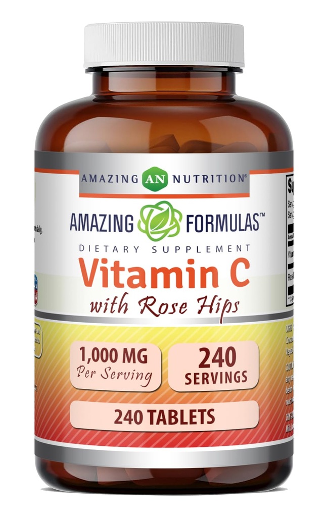Erstaunliche Formeln Vitamin C mit Rose HIPS Ergänzung | 1000 Mg | 240 Tabletten | Non-GMO | Gluten-Free | Made in USA